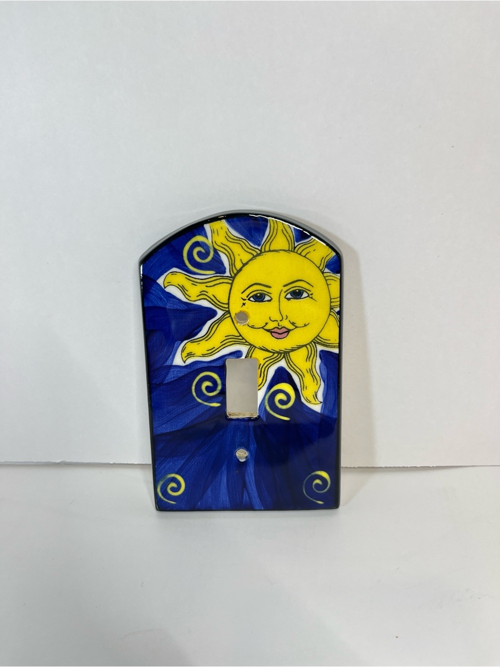 Celestial Sun Blue Light Switch Cover All Fired Up Whimsical Vtg 90s Ceramic